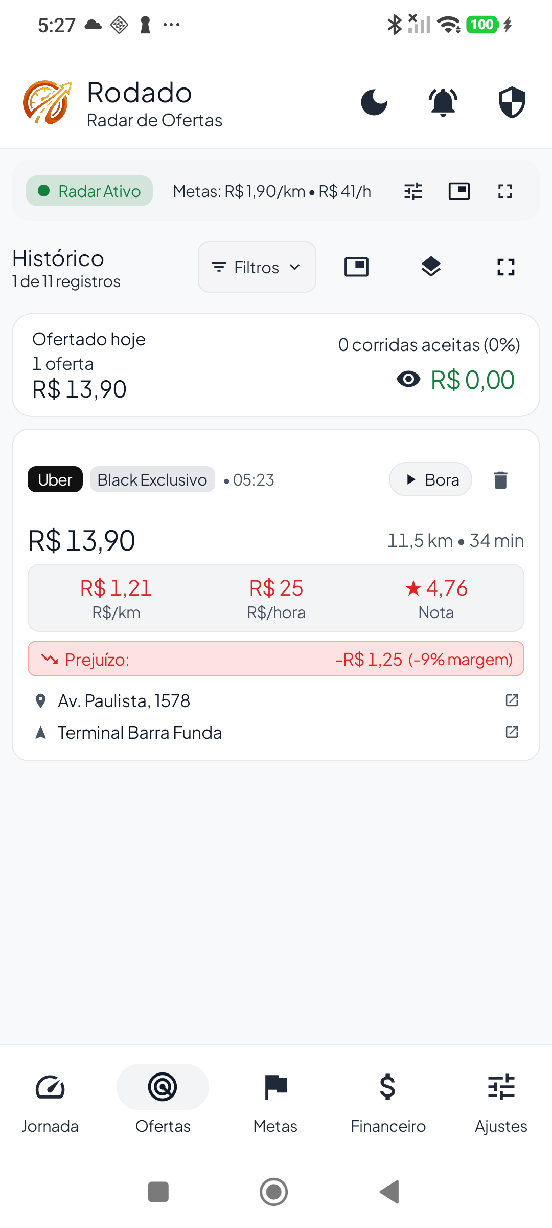 Histórico de ofertas do Rodado no smartphone